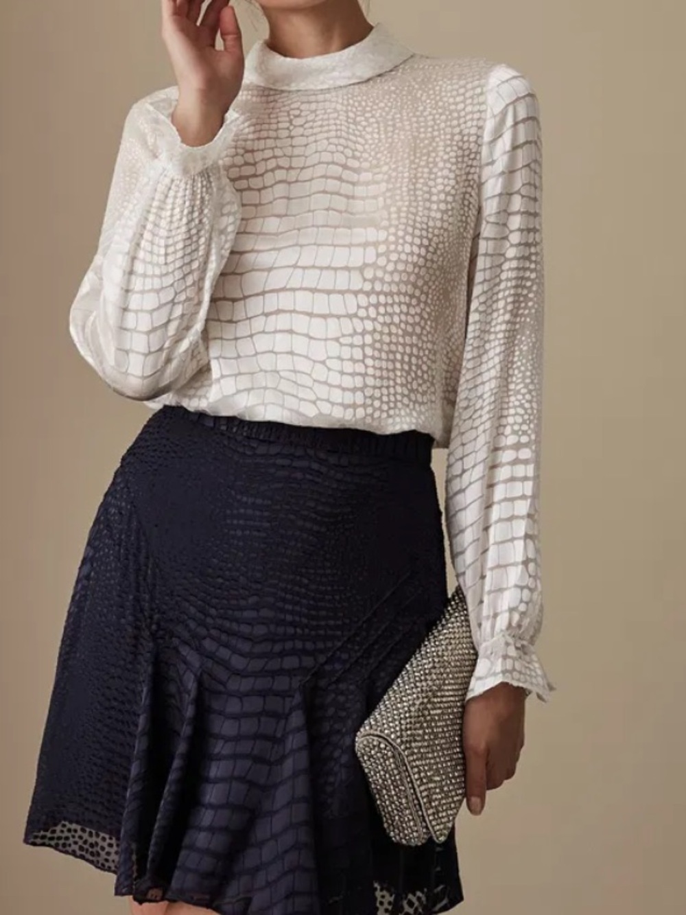 Reiss Cream Croc-Embossed Long Sleeve Blouse